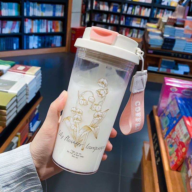 Портативный стакан с трубочкой большой емкости для девочек - Цветочный дизайн