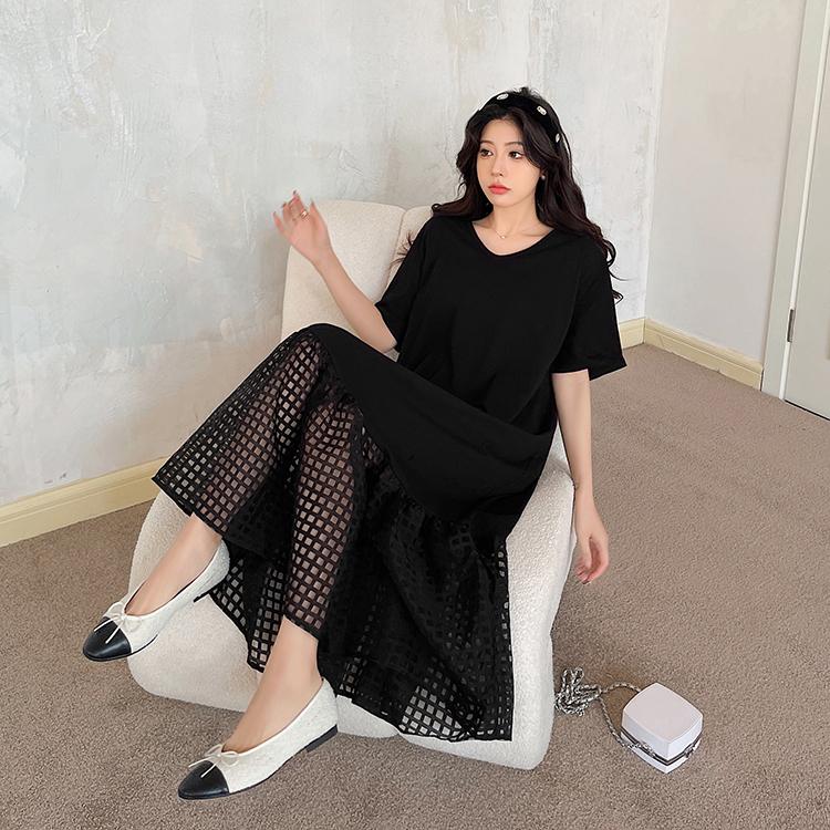 Dimanaf Women 2025 Summer Plus Size Casual Short Sleeve Oversize Plaid Hollow Long Shirt Dress Loose Dress New