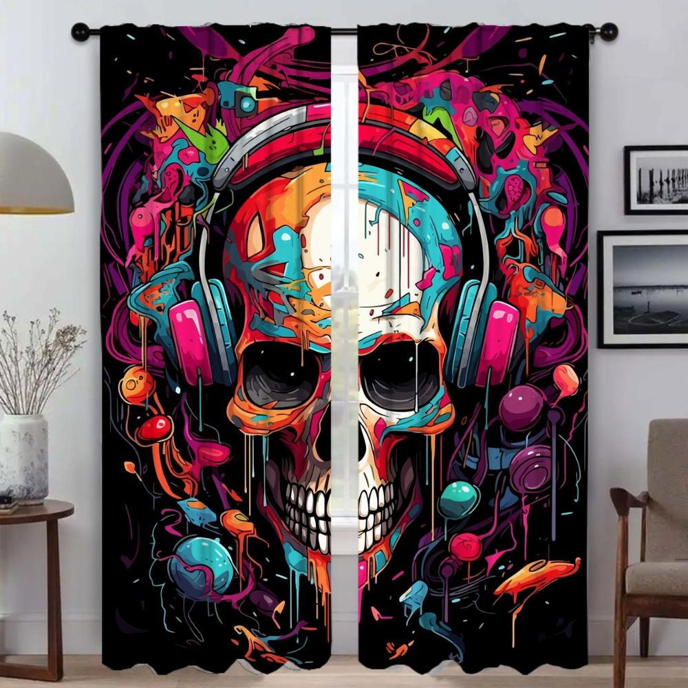 Musical Skull Kitchen Curtains for Living Room Home Interior Curtains 2 Pieces Partition Window Curtain Shades Tulle for Bedroom