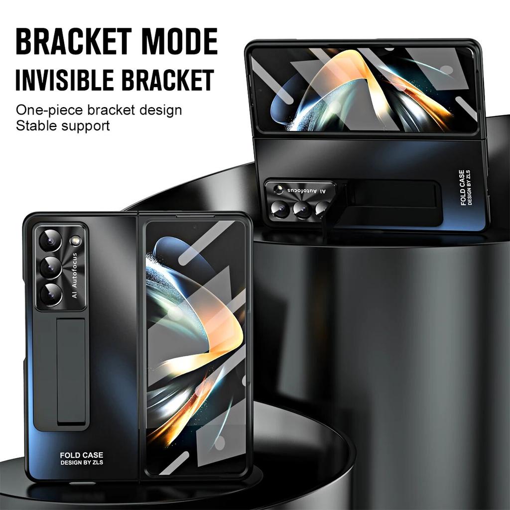 Чехол для Samsung Galaxy Z Fold 5 4 3 5G, роскошный невидимый кронштейн, жесткий ПК с прорезью для ручки, стеклянная передняя пленочная крышка для Z Fold5 Fold4