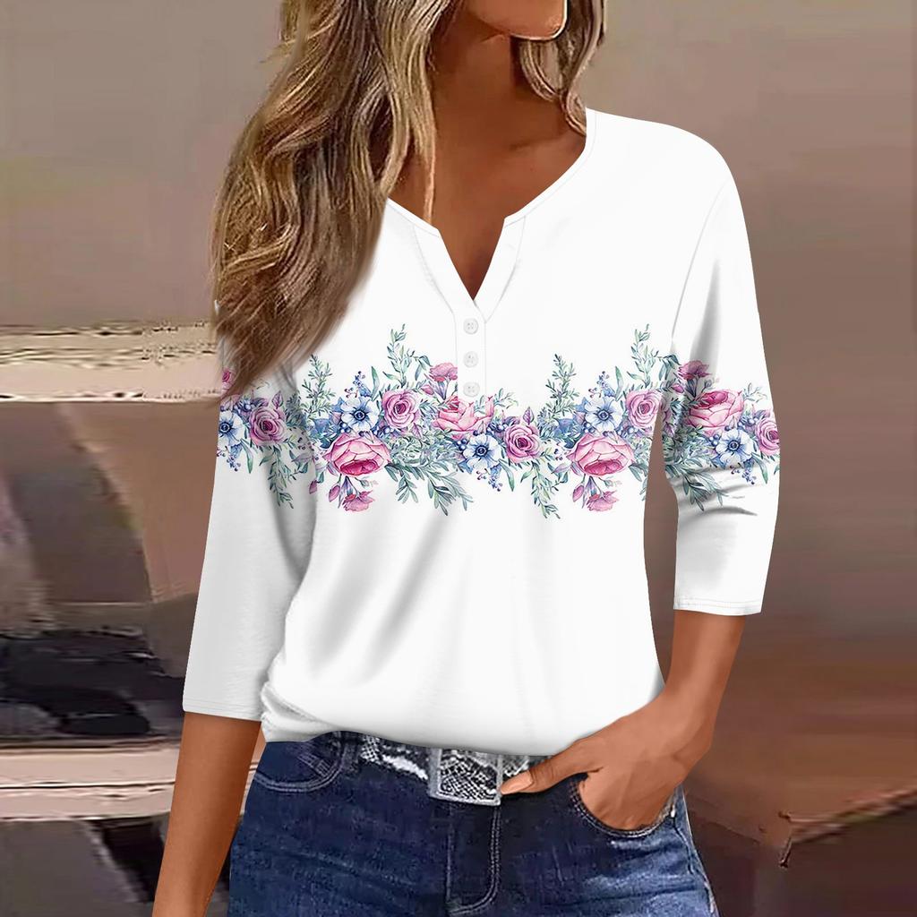 Women's T Shirt Tee Print Button  3/4 Sleeve Daily Weekend Fashion Basic V- Neck Regular Top