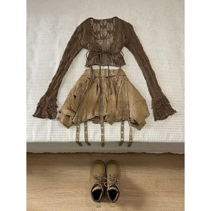 Harajuku Vintage Fashion 3 Piece Set Woman Short Cardigan + Slim Vest + Y2k E-Girl High Waist Skirt Hot Girls Korean Style Suit