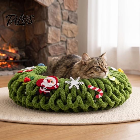 Fluffy Pet Cave Christmas Bed, Oval Wrapped Cat Warm Faux Thickened Cozy Shelter Winter Nest for Small Cats Dogs, Decor Sofa