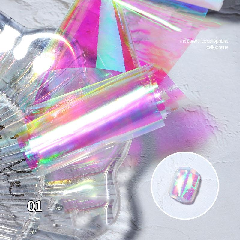 1 упаковка, голографическая целлофановая наклейка для дизайна ногтей, наклейки из стекла Авроры, ледяная бумага, украшения для дизайна ногтей 5*20 см