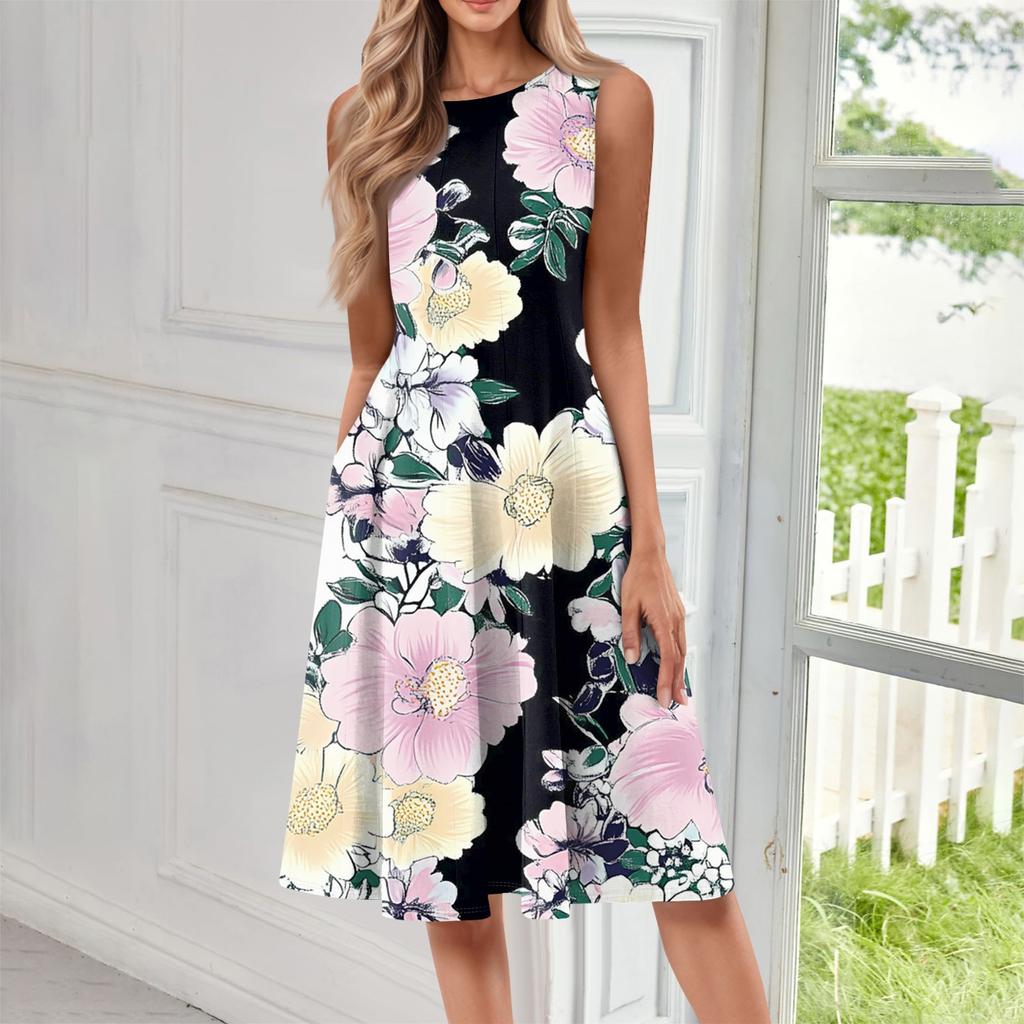 Женское повседневное модное платье миди с цветочным принтом и круглым вырезом без рукавов