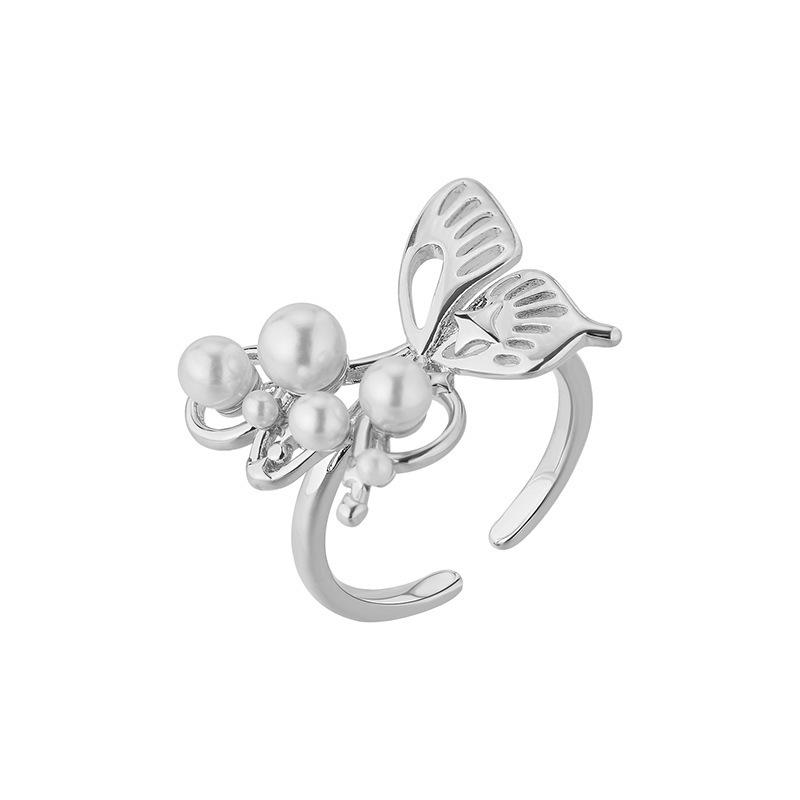 Simple Elegant Romantic White Imitation Pearl Hollowed-out Butterfly open mouth Rings for Women Adjustable Rings Jewerly Gifts