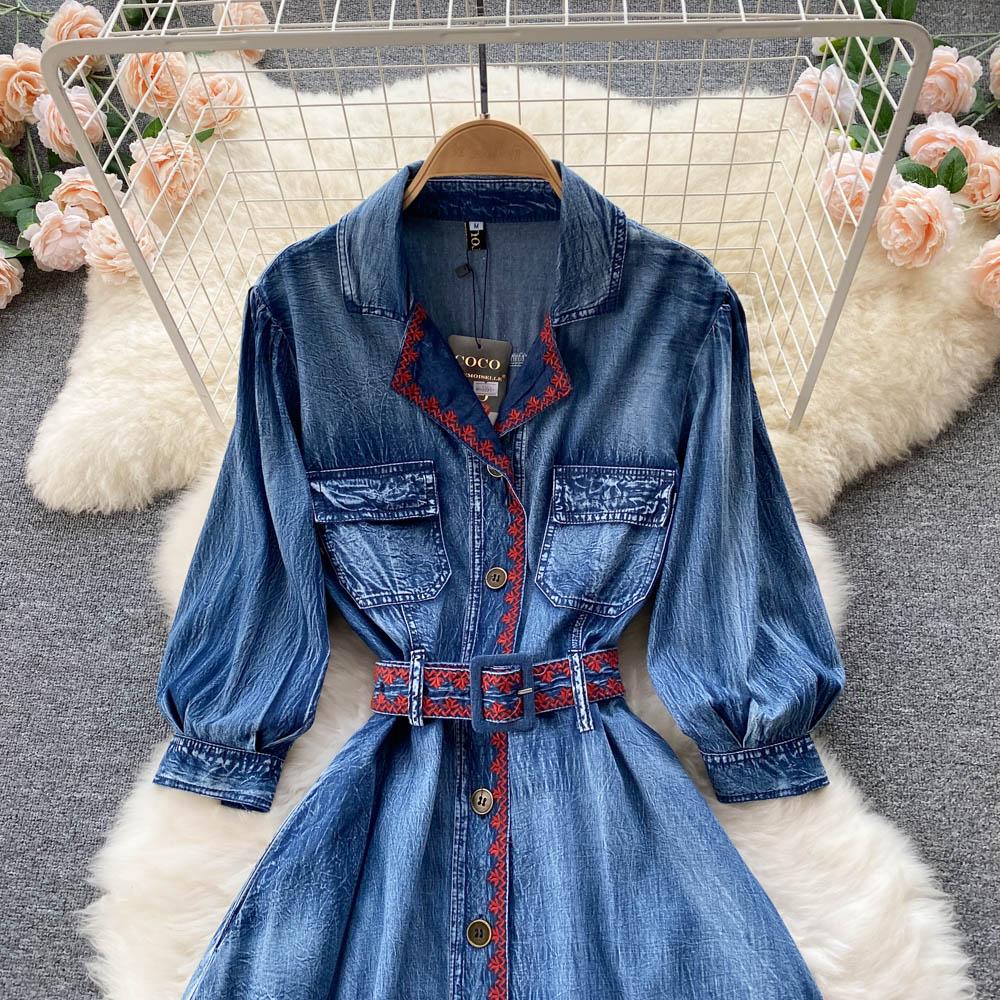 RUGOD Spring and Autumn New Retro Denim Dress Women's Long-sleeved Design Waist Shirt Dress Button High Waist Dress
