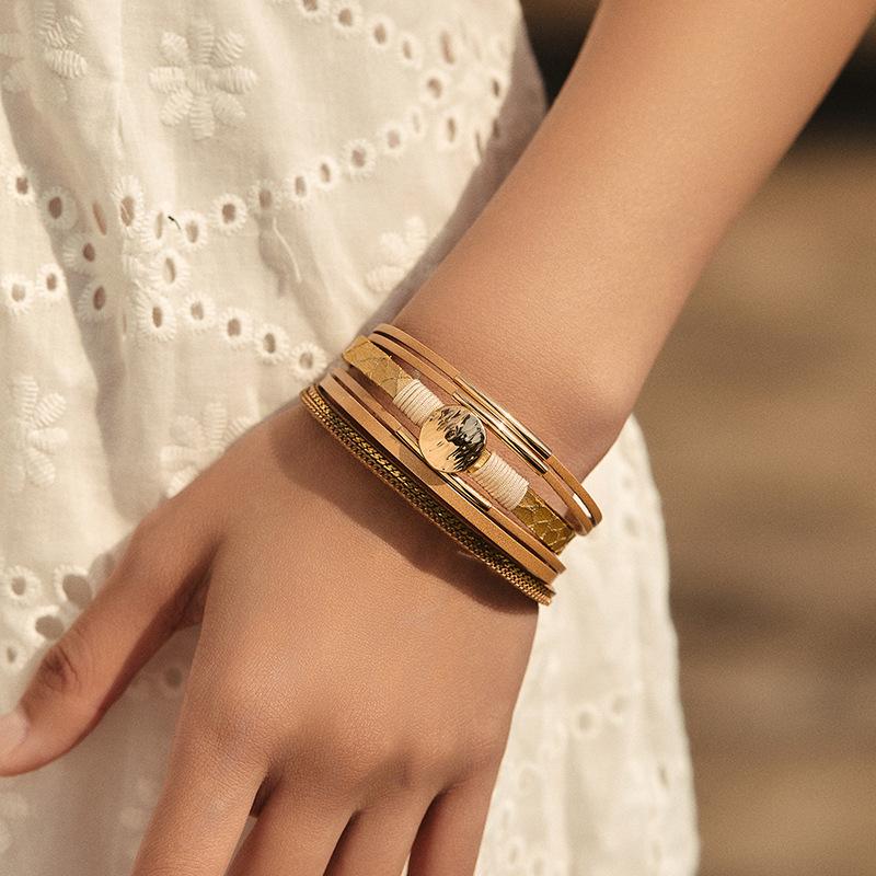 Винтажный плетеный кожаный браслет со стразами для женщин, богемный многослойный широкий браслет, ювелирные изделия для вечеринок, подарки