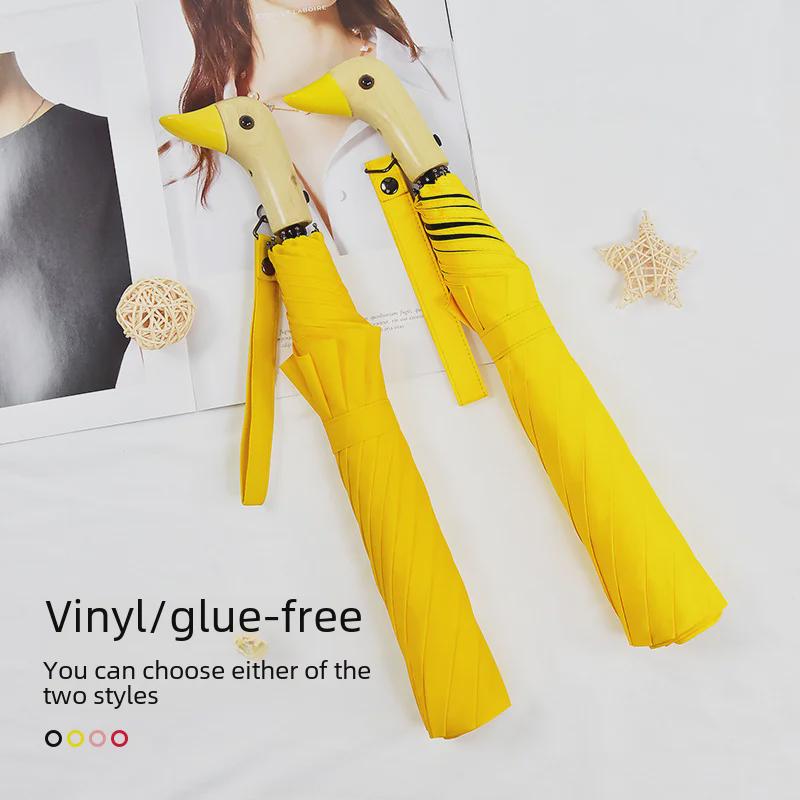 Мультяшный зонт «Утка»: Полуавтоматический, многоцветный, черный пластик, деревянная ручка, симпатичный дизайн в виде желтой утки