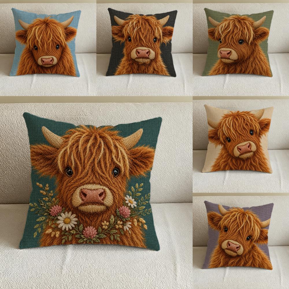 Animal D FlatPrinted Highland Cow Cushion Cover Natural Linen Pillowcase Set AllinOne Decor for Sofa Bedroom Chair