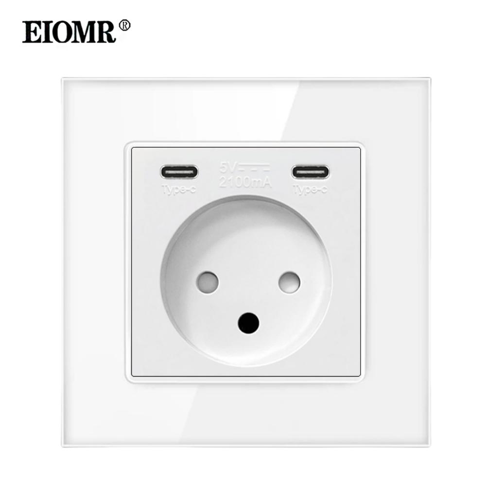 EIOMR Белый Хрусталь Стекло Израиль USB Type-C Зарядка Настенная Розетка, AC 230V 16A ТВ Телефон Звонок Штора Выключатель Света Домашняя Розетка