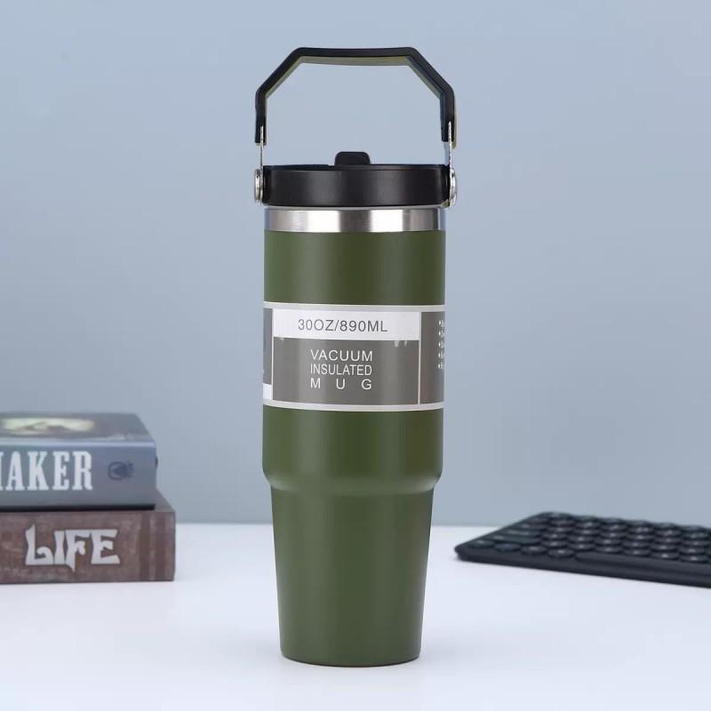 30oz Stainless Steel Travel Mug With Handle Straw Lid Vacuum Insulated Water Bottle Car Office Gym