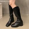 Женские высокие сапоги на среднем каблуке, дизайнерские кожаные туфли до колена, тренд 2024 года, зимние массивные мотоциклетные ботинки, новая мода, Botas Mujer