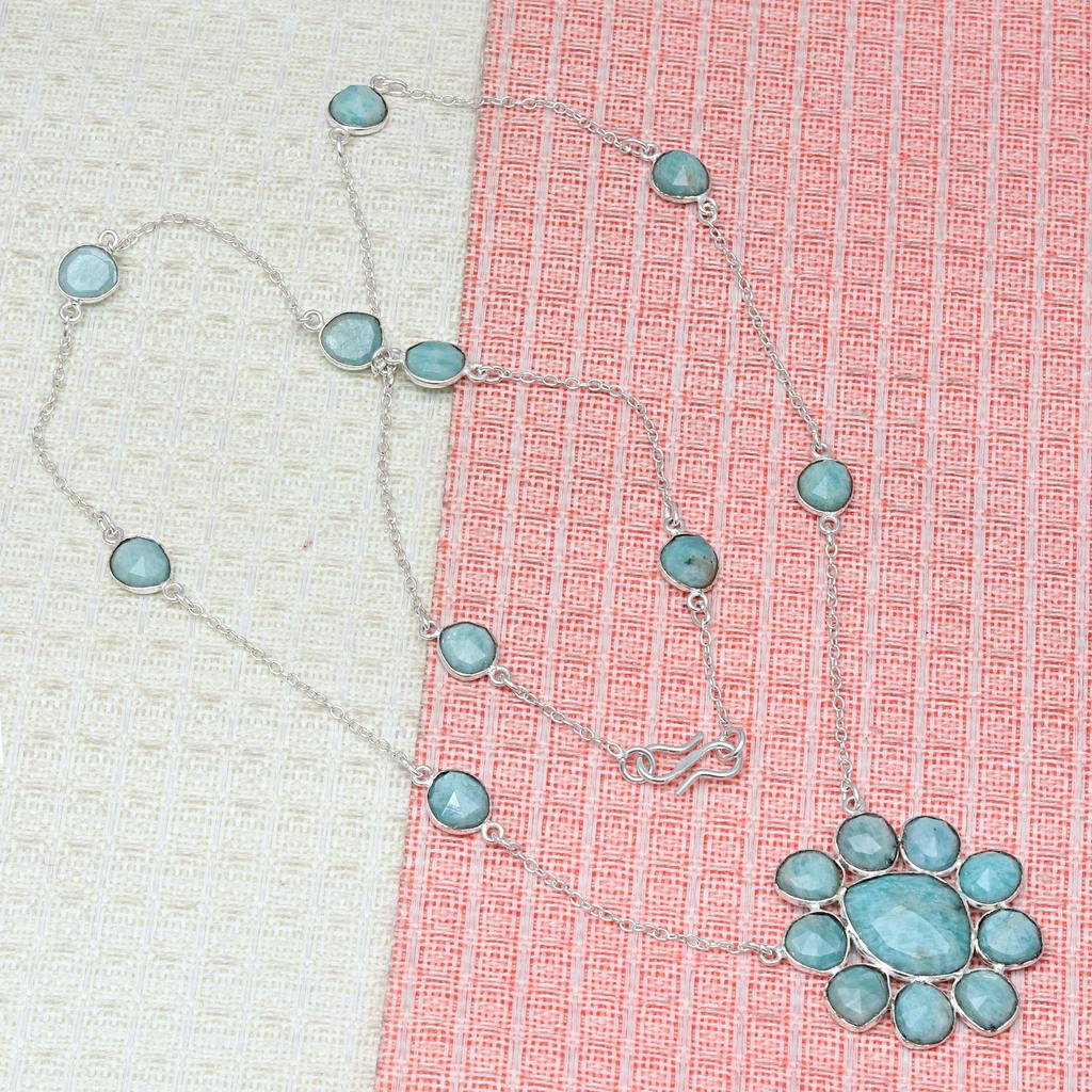 Necklace Amazonite Feceted Gemstone Handmade Antique Silver Jewelry 26''