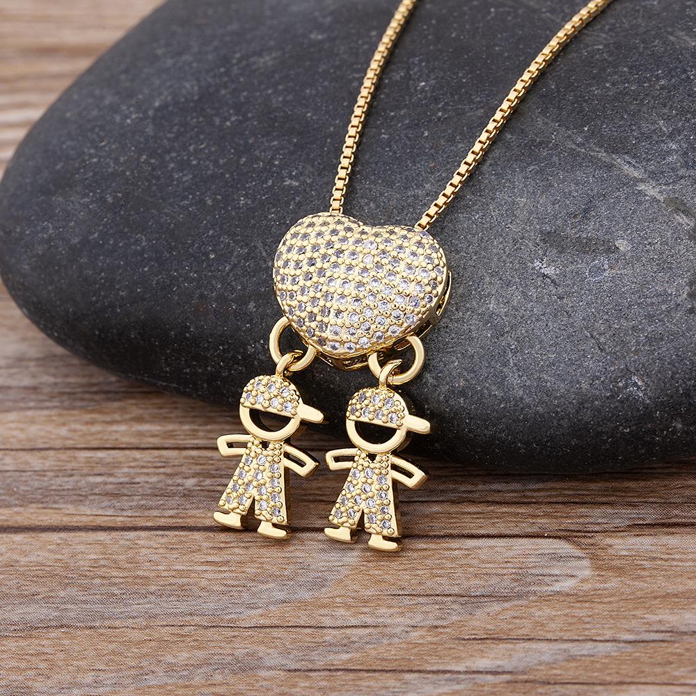 Nidin Fashion Pave Shiny Crystal Zircon Heart Shape Boy Girl Copper Pendant Necklaces For Women Family Son/Daughter Jewelry Gift