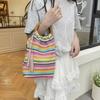 Hollow Out Rainbow Woven Handbag Bohemian Style Underarm Bag Simple Summer Bucket Bag  Holiday