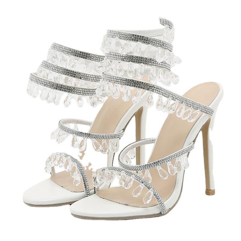 2024 Новые женские босоножки с кисточками на высоком каблуке с принтом змеи и бриллиантами, элегантные туфли с открытым носком и кристаллами, свадебные туфли