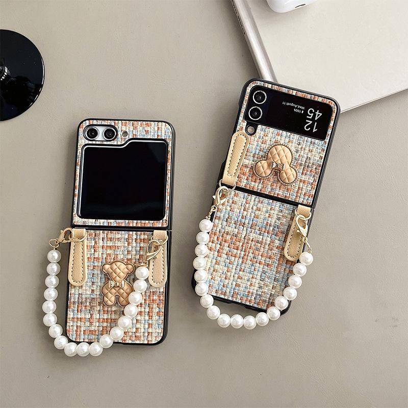 Suitable for Samsung Zflip5 Mobile Phone Case Woven Mickey Mouse Bear Huawei P50 Folding Screen Flip Cover Hand Chain