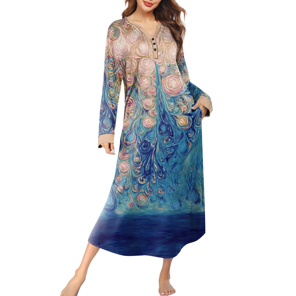 Женская ночная сорочка длинная домашняя одежда с V-образным вырезом и карманами