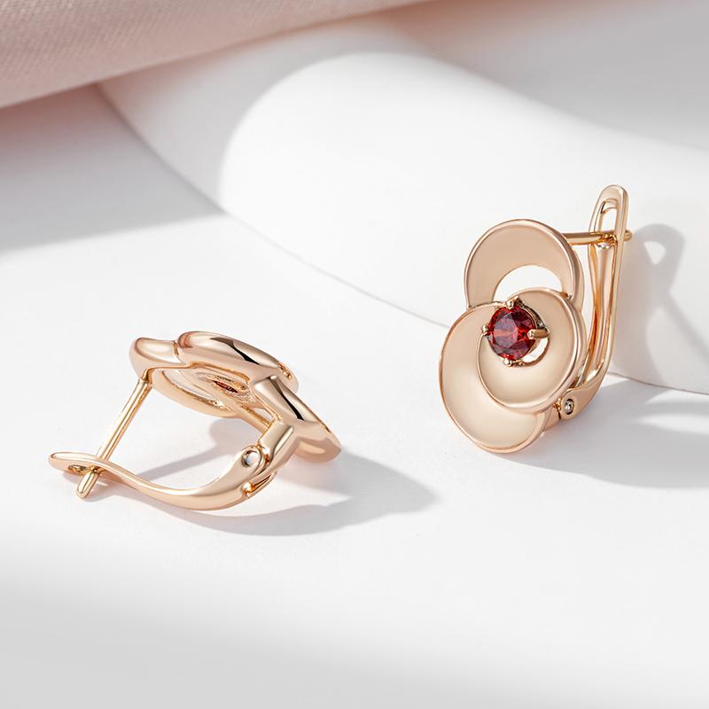 Женские серьги-подвески Kinel с красным цирконием в форме цветка, розовое золото, свадебные украшения для невесты