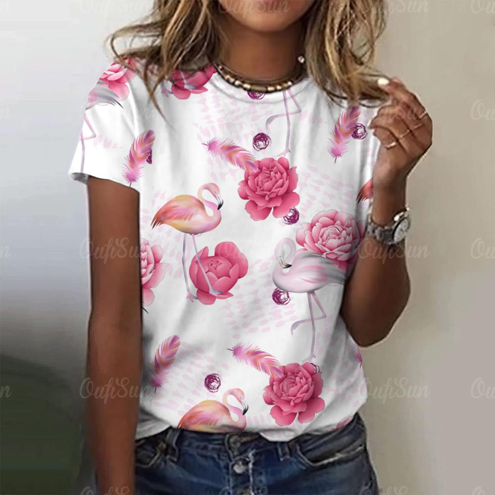 Футболки с принтом 3D фламинго, модные, с круглым вырезом, повседневные, женские, повседневные, женские, топы Harajuku для девочек, с коротким рукавом, свободная женская одежда
