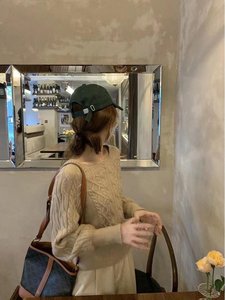 Женский свитер в стиле ретро с квадратным воротником и переплетенными спицами — свободный крой, утягивающий талию, идеально подходит для осени/зимы