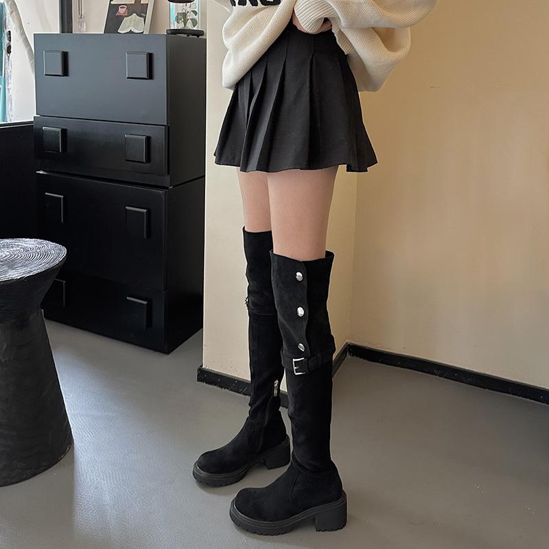 Winter Platform Women Long Boots Side Zippers Suded Over-The-Knee High Boots Female Elegant Square Heel Womens Belt Buckle Boots