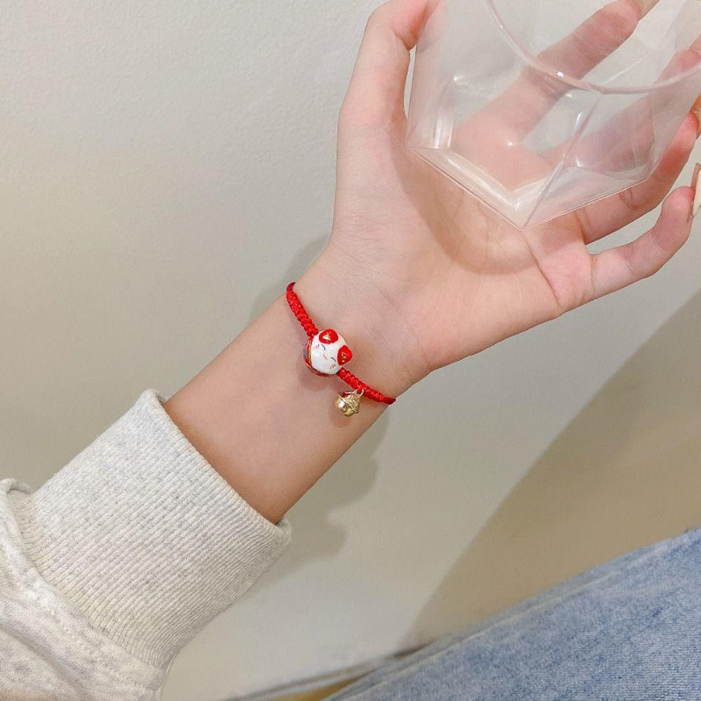 Ceramic Cat Pendant Chinese Style Jewelry Red Braided Rope Women Hand Ring Maneki Neko Bracelet