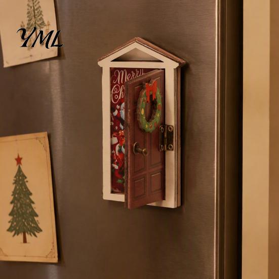 Door Shaped Magnet Elf Fridge with LED Light, Wooden Christmas Refrigerator Magnet, Openable Mini Magnetic Decoration for Holiday Decorations