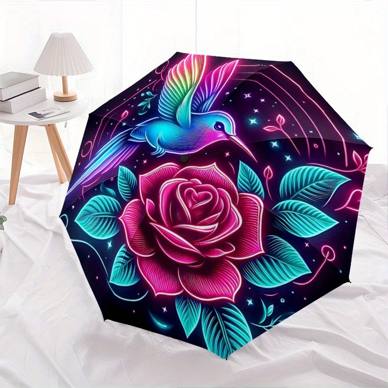 1pc Neon Hummingbird and Rose Automatic Opening and Closing Umbrella - Small Umbrella Suitable for Various Occasions A079