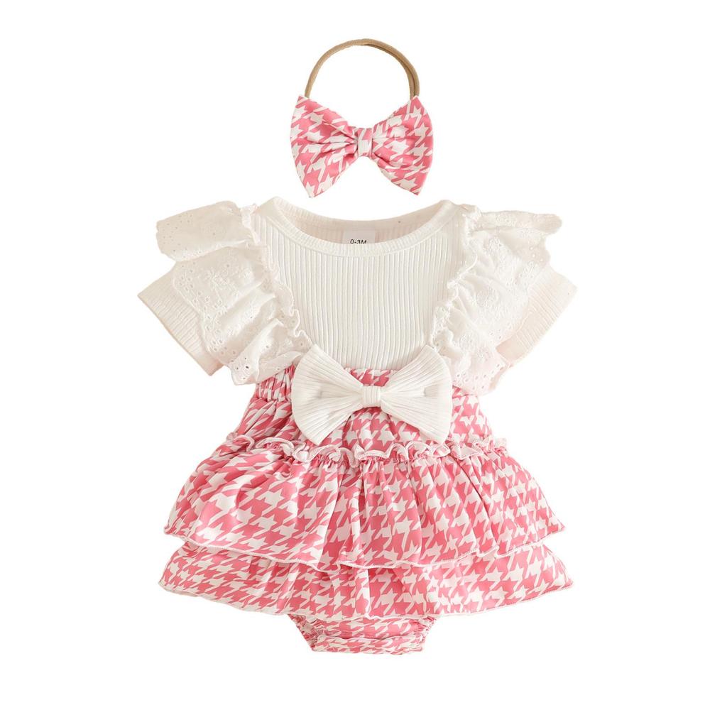 Summer Baby Girl Houndstooth Lace Romper & Headband Set