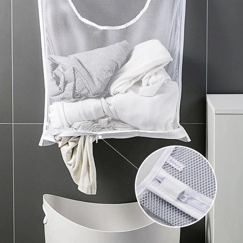 Dirty Clothes Storage Bag Basket Foldable Mesh Laundry Bathroom Wall Hanging Household Clothing Organizer With Hook