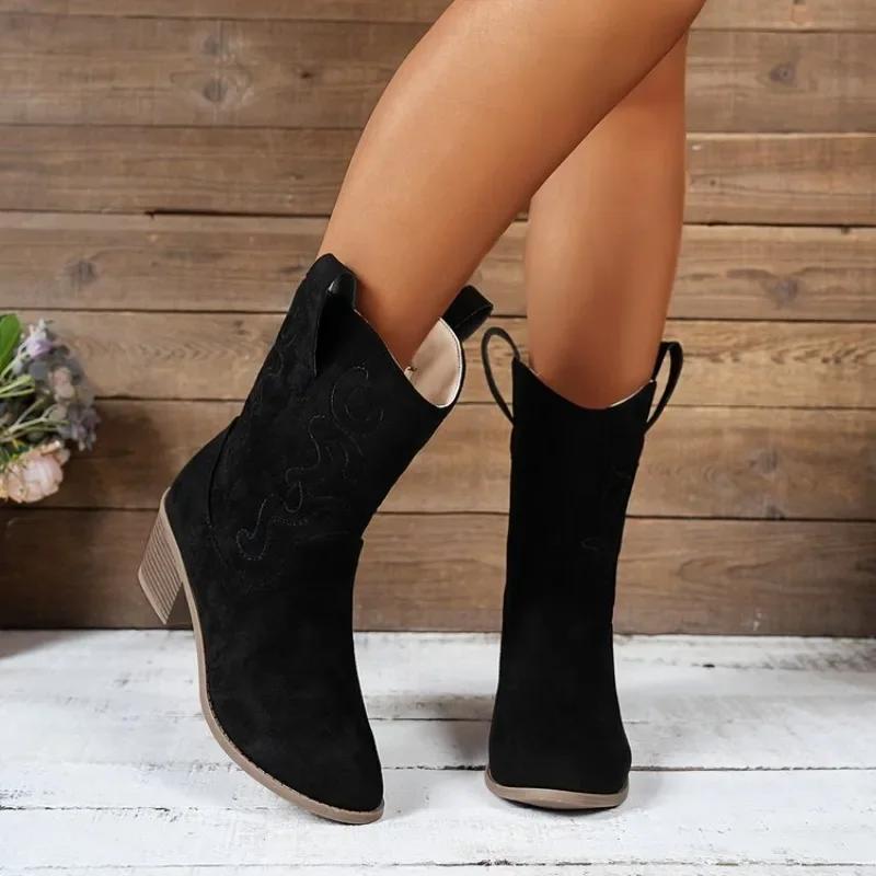 2026 Европейские и американские женские туфли больших размеров, электрическая вышивка, западный деним, ретро, сапоги-рыцари средней длины