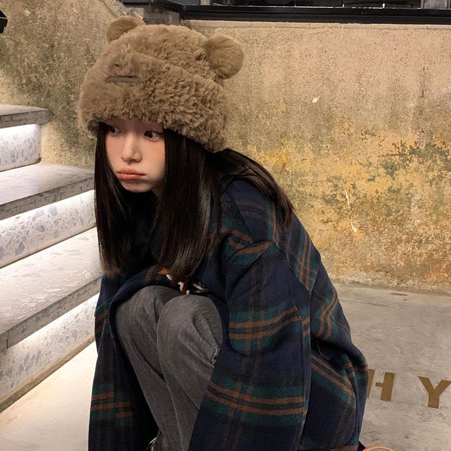 Elegant Bear Plush Knit Hat For Women Winter Warm Thick Fur Beanie Cap