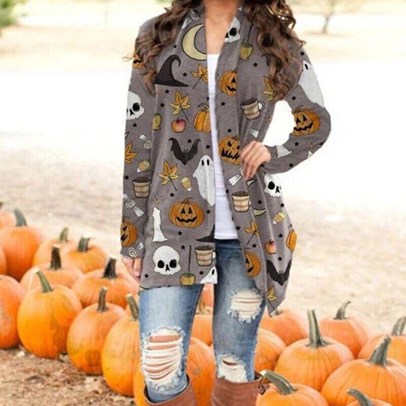 Кардиган с принтом Хэллоуина для женщин, вязаный свитер с открытой передней частью, кардиган с длинными рукавами