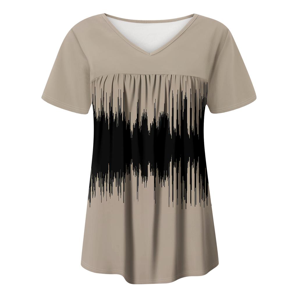 Women's Casual V-Neck Short Sleeve Chest Ruffle Printed Top