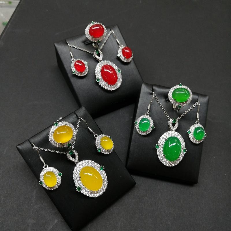 Роскошный комплект с инкрустацией халцедоном Dan Face, двусторонний зеленый бриллиант, комплект из трех частей из халцедона, кулон, кольцо, крючок для ушей