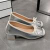 Балетки Удобные французские туфли на толстом каблуке среднего размера с квадратным носком Модные туфли с бантом