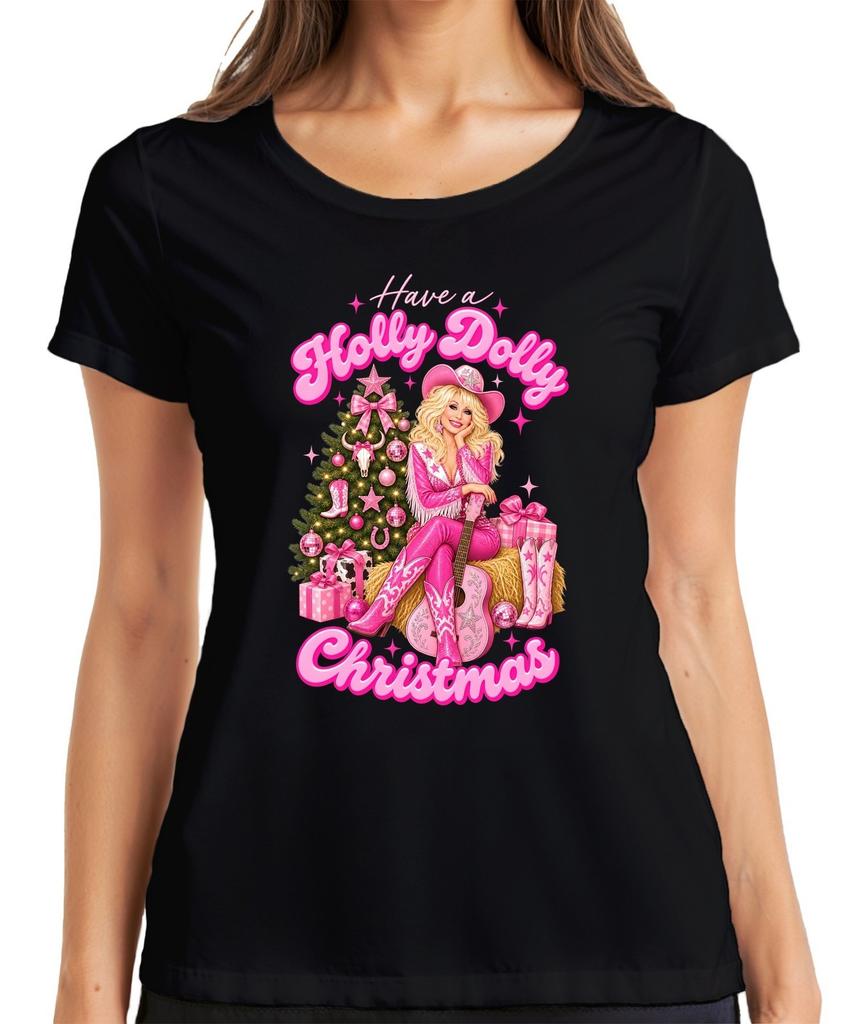 Have a Holly Dolly Christmas Pink Country Cowgirl Christmas Xmas Womens T-Shirt
