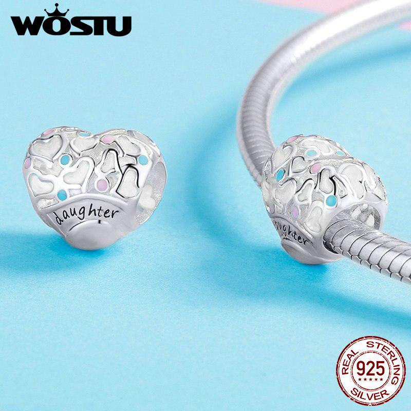 WOSTU 925 Sterling Silver Daughter's Love Beads Multi-Color Heart Charm Fit Original Bracelet