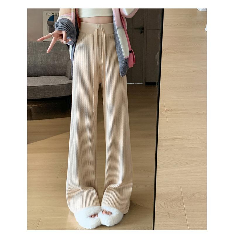 Модные осенне-зимние женские трикотажные брюки с широкими штанинами, новые свободные длинные брюки на шнурке с высокой талией, повседневные однотонные плиссированные брюки 2379