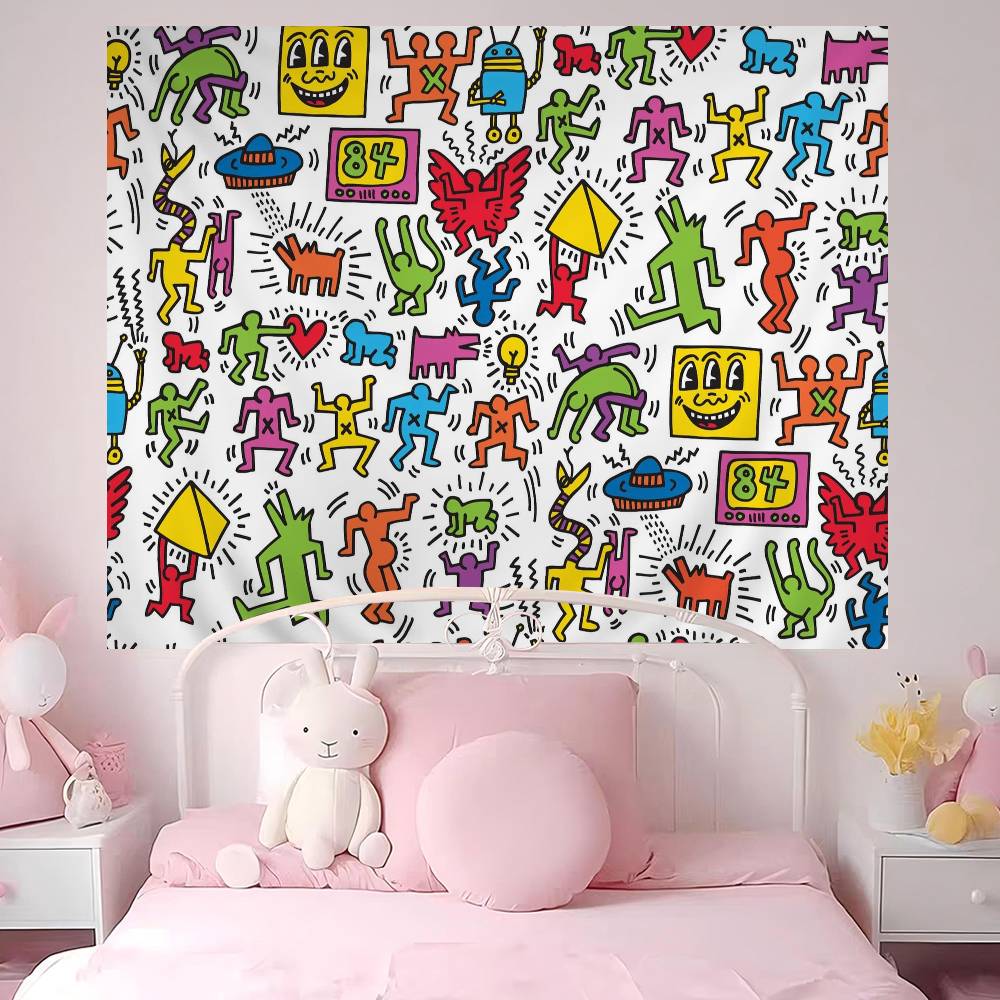 KKeiths HHaring Anime Tapestry Hippie Flower Wall Carpets Dorm Decor Cheap Hippie Wall Hanging