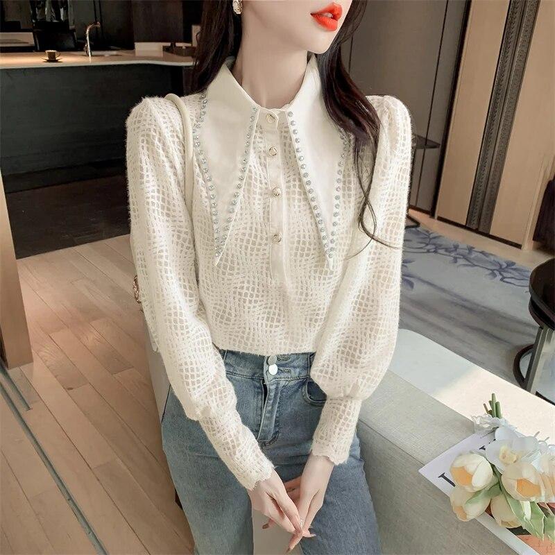 Осенние простые белые топы с бисером, ажурная кружевная рубашка, модная блузка с длинными рукавами и фонариком, элегантная одежда, темперамент, Blusas 29530