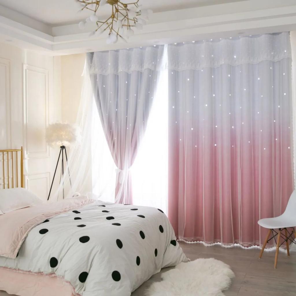 2 шт., простая градиентная цветная занавеска со звездами, занавеска принцессы Ins с высоким затемнением, для спальни, гостиной, двойная тканевая марлевая занавеска