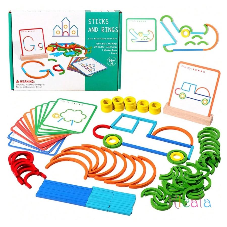 Montessori Toys Movable Letter Shapes Learning Toy Geometric Wooden Rings and Sticks Blocks Set Educational Toys for Toddlers