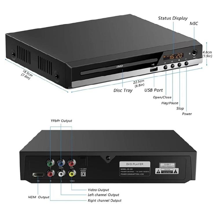 Функциональный DVD-плеер для любого телевизора Подключение через HDMI или видео Предлагает четкость 1080P Доступ к медиа через USB для комнаты в общежитии офиса