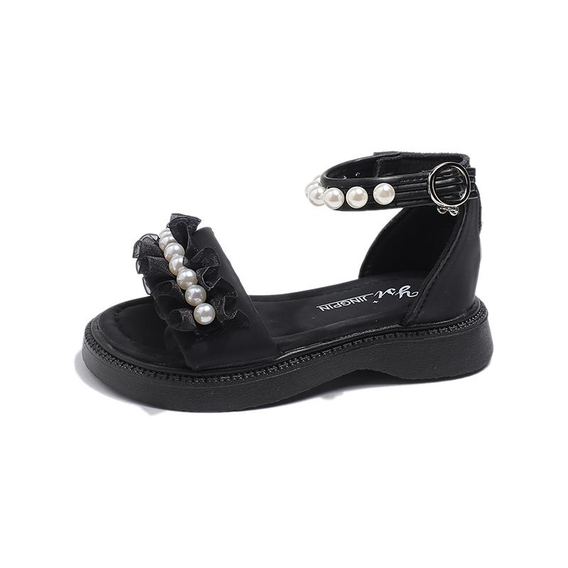 Плиссированные сандалии принцессы для девочек, детские сандалии-гладиаторы, модные детские сандалии на плоской подошве с жемчугом, однотонные сандалии с липучкой, 2024 г., новинка