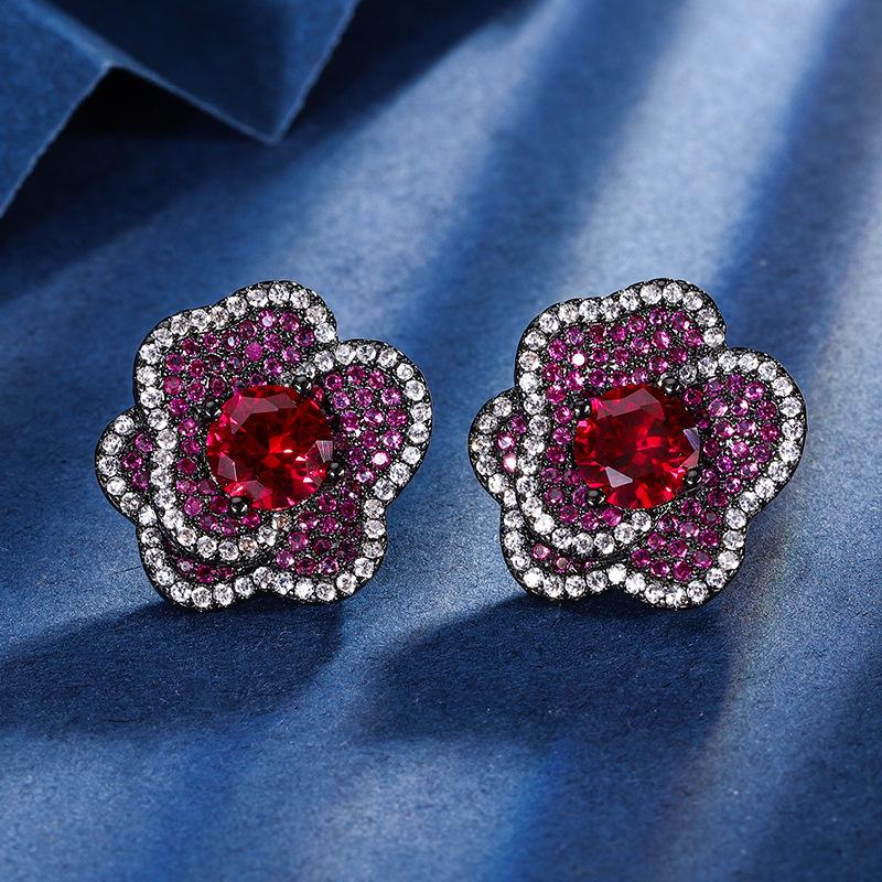 Jewelry Copper Bottom Gold-Plated Simulation Red Corundum Flower Black Gold Suit Female 10-8Mm