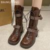 Женские массивные ботинки средней высоты, дизайнерские туфли на шнуровке и среднем каблуке 2025 года, модные туфли-лодочки с пряжкой, готические зимние ботинки для мотоциклистов