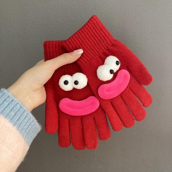 Забавные мультяшные вязаные перчатки, милые перчатки с большими глазами, теплые перчатки, зимние ребристые перчатки с сенсорным экраном для вождения, поездок на работу, езды на велосипеде, повседневных дел